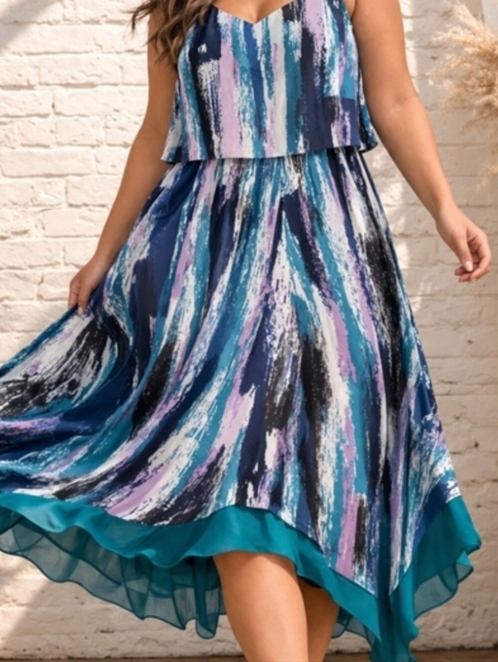 Catherines Multicolor Abstract Paint Print Scarf Hem Midi Dress
